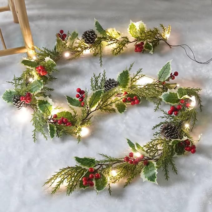 6ft 20 LED Christmas Garland with Holly Pines,Battery Operated Garland with Timer, Red Berry Garland with Lights for Indoor Mantle Fireplace Stair Home Holiday Decoration