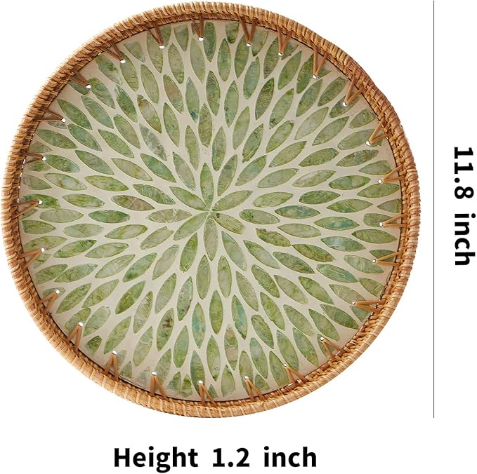 Round Rattan Tray with Mother of Pearl Inlay, Rattan Serving Tray with Wooden Base, Decorative Wicker Basket for Table Decor, Storage and Display of Coffee Bread Food Fruit (Leaf)