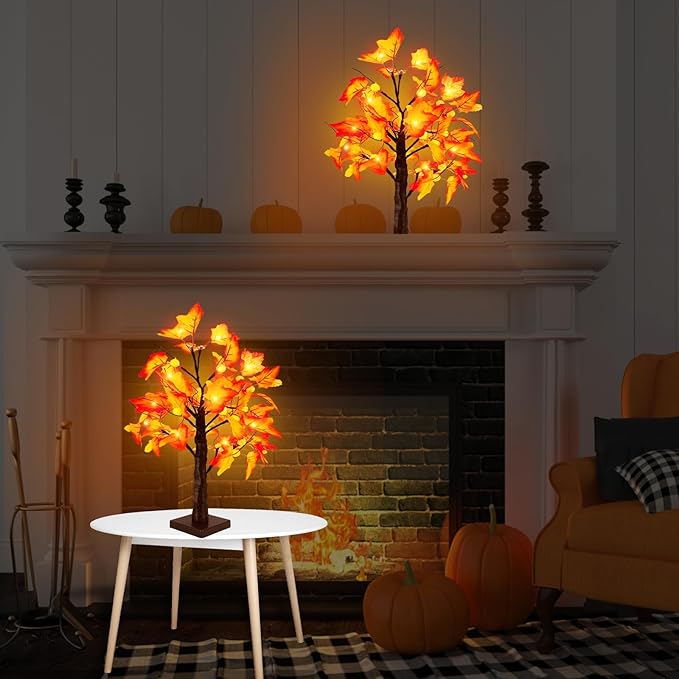 Timer - Fall Thanksgiving Tree, 18 Inch Prelit Lighted Maple Tree Thanksgiving Decorations with 24 Pumpkin Lights Battery Operated for Autumn Harvest Decor Indoor Home Table Halloween Christmas