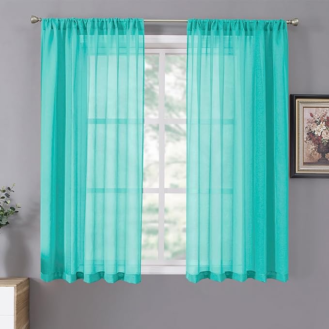 Tollpiz Short Sheer Curtains Linen Textured Living Room Curtain Sheers Light Filtering Rod Pocket Voile Curtains for Bedroom, 42 x 45 inches Long, Aqua Blue, Set of 2 Panels