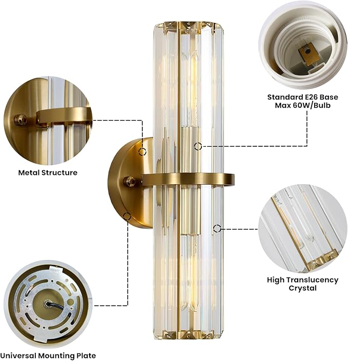 Crystal Wall Sconce Set of Two, Brushed Gold Bathroom Wall Light, Modern Sconces Wall Decor. 2-Light Luxury Indoor Wall Lamp 15.7-Inch for Living Room, Hallway, Mirror, Bathroom, Vanity. E26