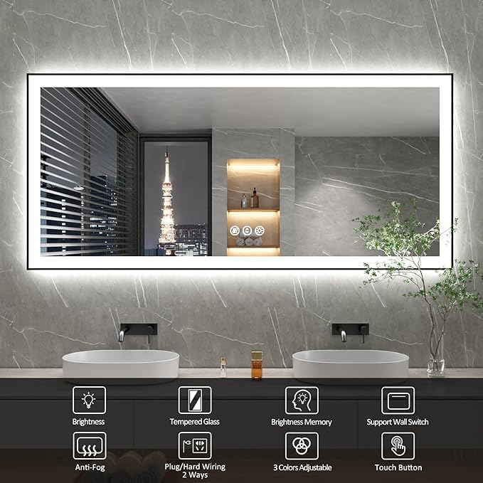 60x28 Inch LED Bathroom Mirror with Black Frame, Backlit and Front Lighted Bathroom Mirrors for Wall, Anti-Fog, Dimmable, Memory, Shatterproof, LED Vanity Mirror for Bathroom