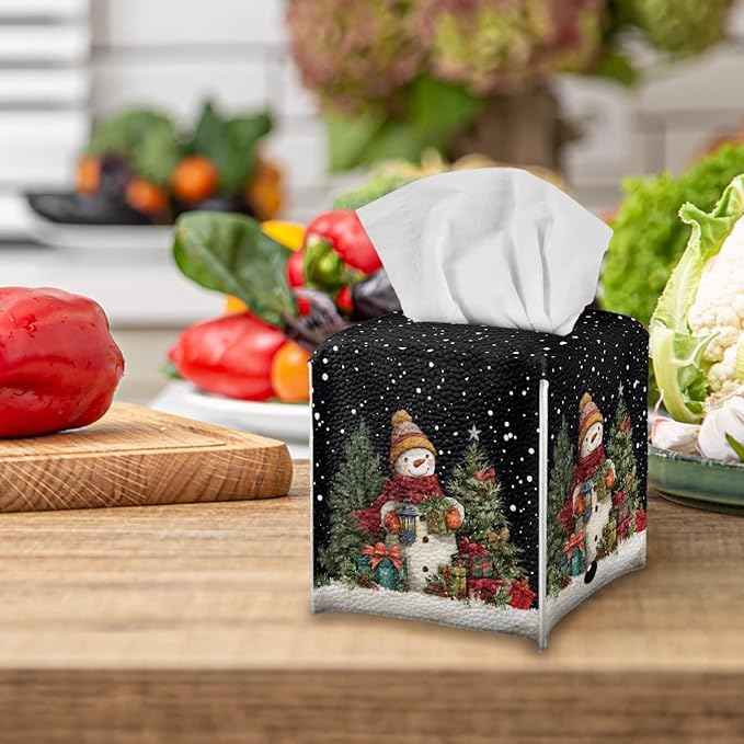 Christmas Tissue Box Cover Holder Square Facial Tissue Case Facial Paper Organizer Dispenser for Bathroom Bedroom Living Room Office Snowman PU Leather Napkin Boxes Covers