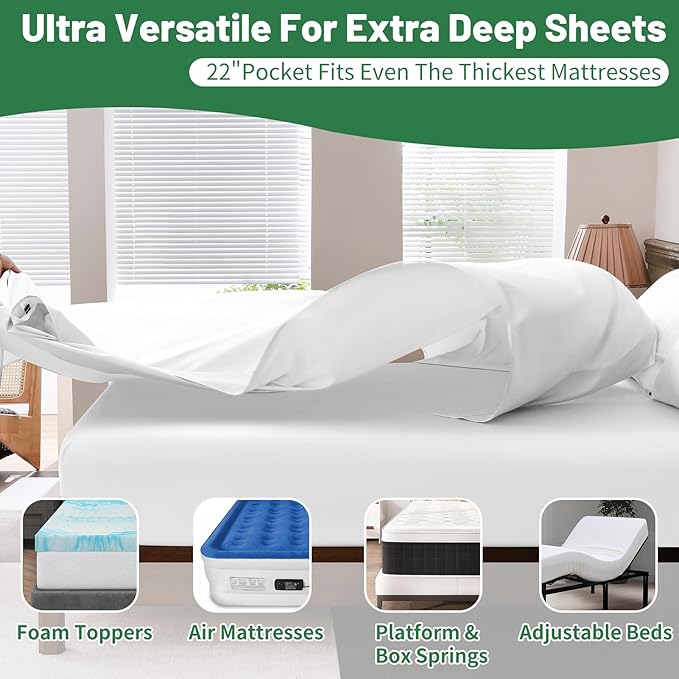 Extra Deep Pocket King Sheets 18-24 Inch 100% Egyptian Cotton 1000 Thread Count Sateen Weave Soft Breathable 4 Pieces(King,White)