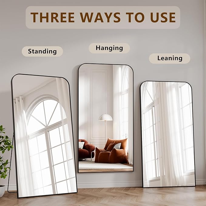 Koonmi Full Length Mirror, 76"x34" Mirror Full Length with Stand, Black Domed Top Square-Edged Floor Mirror with Aluminum Alloy Frame for Bedroom Living Room