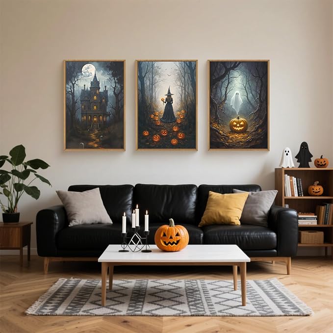 Halloween Moon Castle Framed Canvas Wall Art Set, Scary Dark Forest Witch Wall Decor, Cute Ghost Wall Painting, Pumpkin and Bats Art Prints for Gothic Party, Living Room, Club -24"x36"x3
