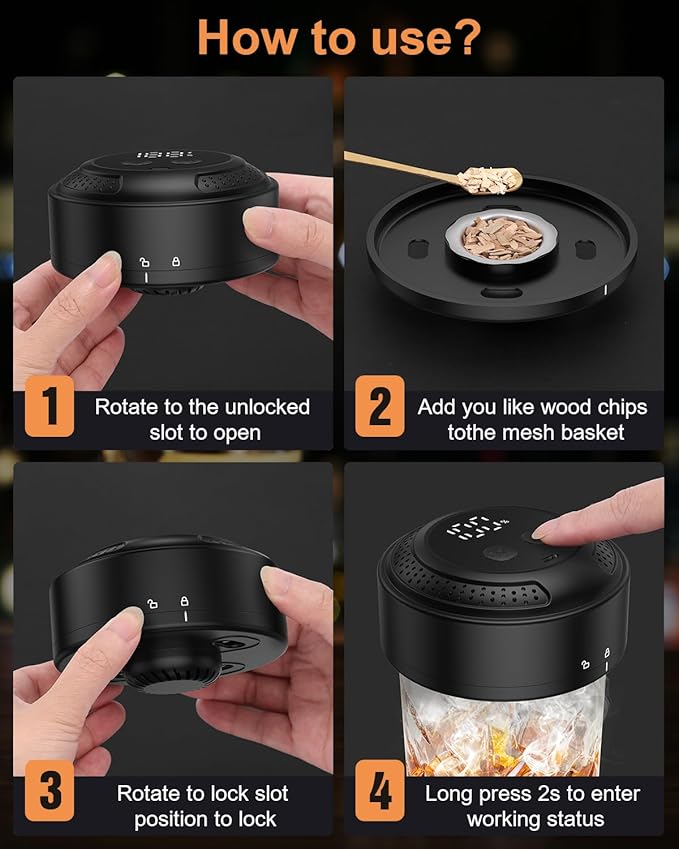 Electric Whiskey Smoker Kit, Old Fashioned Smoker Kit with 6 Wood Chips, Built-in Lighter & Ambient Light, Gifts for Men Dad Husband Whiskey Lovers (Birthday/Christmas)