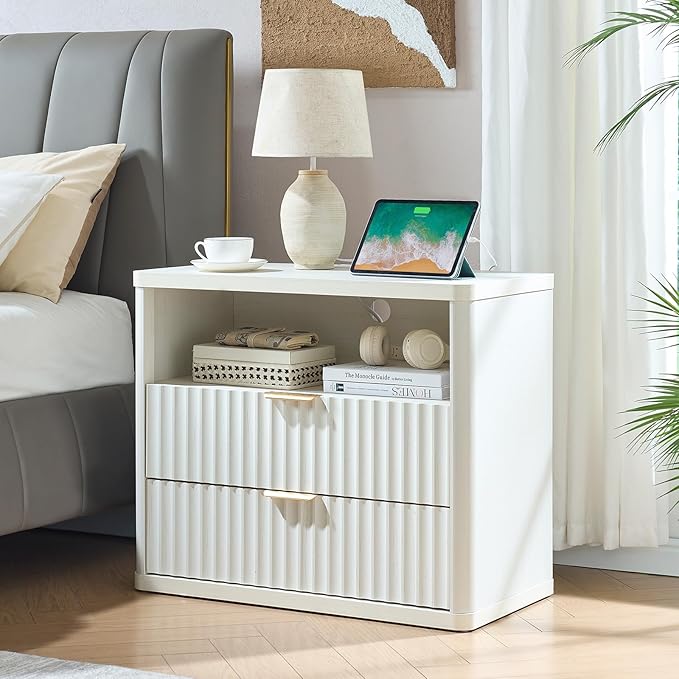 LEYAOYAO 31" Wide Fluted Nightstand Set of 2 with Charging Station, Oversized Extra Large 2 Drawers Night Stand,White Wood Bedside Table,Tall End Tables,Modern Chest of Drawers Dressers for Bedroom