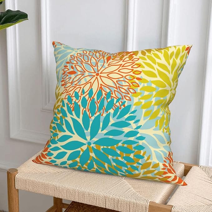 Yellow Teal Dahlia Throw Pillow Covers 18x18 Inch Set of 4 Gray White Floral Cushion Covers Modern Geometric Home Decorative Soft Plush Cushion Cases for Bed Couch Sofa Living Room Decor