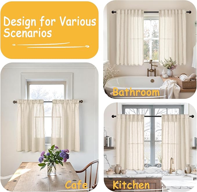 YoungsTex 40 Inches Long Linen Semi Sheer Curtains 40 Inch Length for Kitchen Cafe Window, Oatmeal Short Drapes Textured Light Filtering with Rod Pocket Back Tab for Bathroom, 2 Panels, 34 X 40 Inch