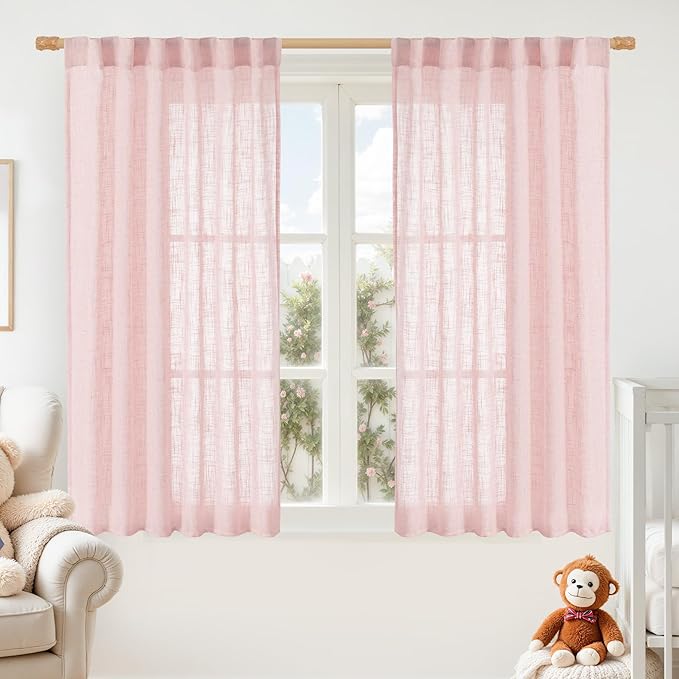 LAMIT Semi Sheer Linen Curtains 45 Inches Long, Light Filtering Panels Back Tab and Rod Pocket Neutral Drapes for Girls Room/Window/Bedroom, Pink, 2 Panels, 52 x 45 Inch