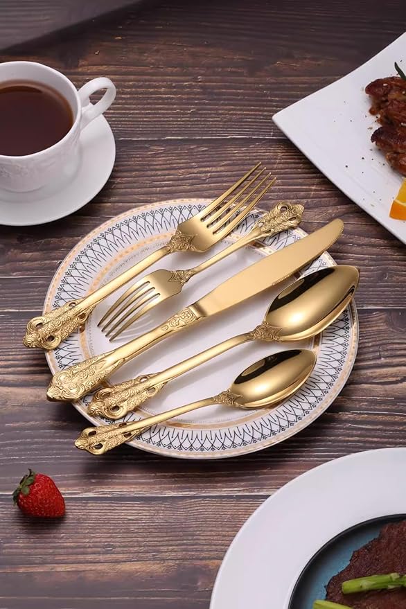 20-Pcs Luxury Silverware Set, Royal Flatware Set, Modern 304 Stainless Steel Flatware, Cutlery, Tableware (Gold, 20)