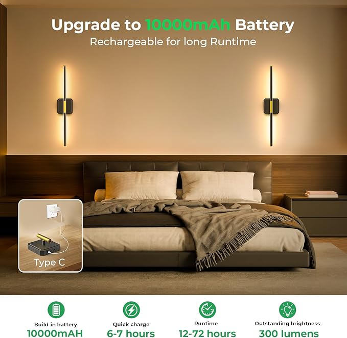 10000mAh Detachable Battery Operated Wall Sconce, Wireless Wall Lamp 360°Rotate,3000-6500K Dimmable, Rechargeable Modern Wall Light for Bedroom, Living Room,28.3" Black Gold (1 Pack)