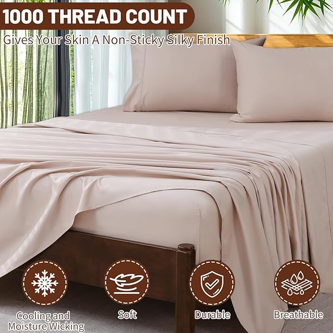 Extra Deep Pocket Queen Sheets 18-24 Inch 100% Egyptian Cotton 1000 Thread Count Sateen Weave Soft Breathable 4 Pieces(Queen,Dusty Pink)