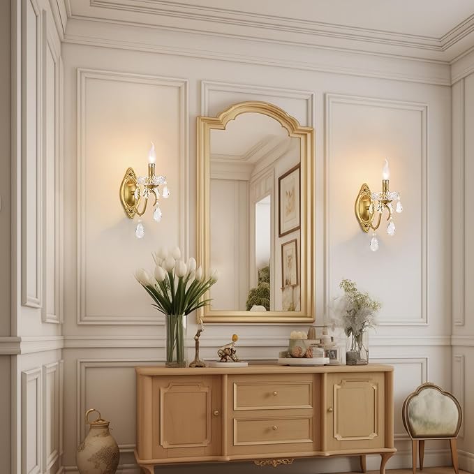 Crystal Wall sconces Set of Two, Gold sconces Wall Set of 2, Vintage Crystal Wall Light, Candelabra Wall Sconce Light Fixture, Gold Brass Finish, 1-Light with Glass Drops