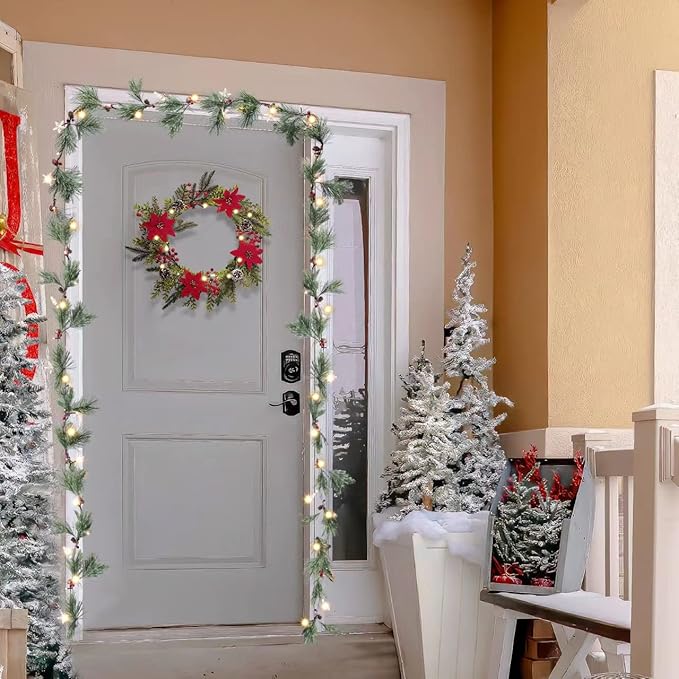 6ft Christmas Smokey Pine Garland with Lights and Stars,Battery Operated Garland with Timer,Christmas Decorations for Fireplace Home Stair Railing Outdoor Holiday Decor