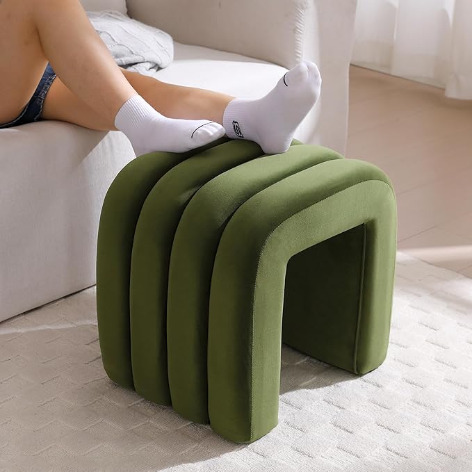 Multi-Functional Ottoman Stool, Footrest for Couch, Modern Vanity Stool for Make-up Room, Living Room and Entryway, Small Cute Footstool (Olive Green Velvet)