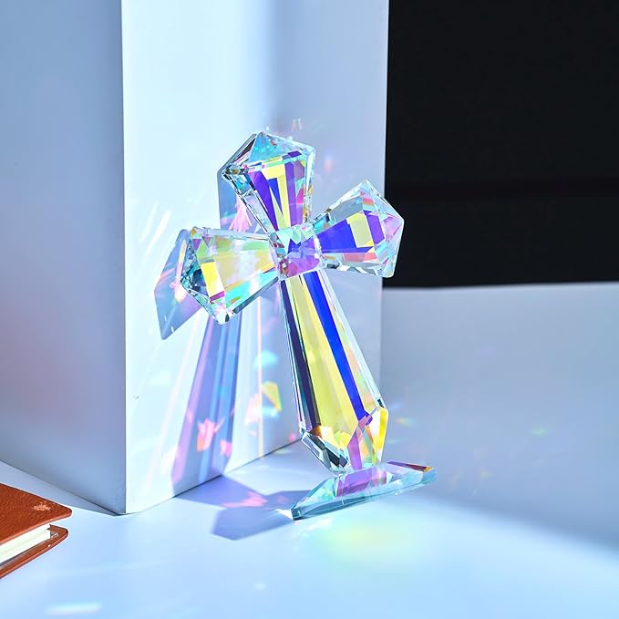 Crystal Standing Cross Decor, Easter Christmas Decoration for Pary,Religious Gifts for Women Men, Handmade Glass Holy Collectible Figurines (Multicolor Crystal Cross)