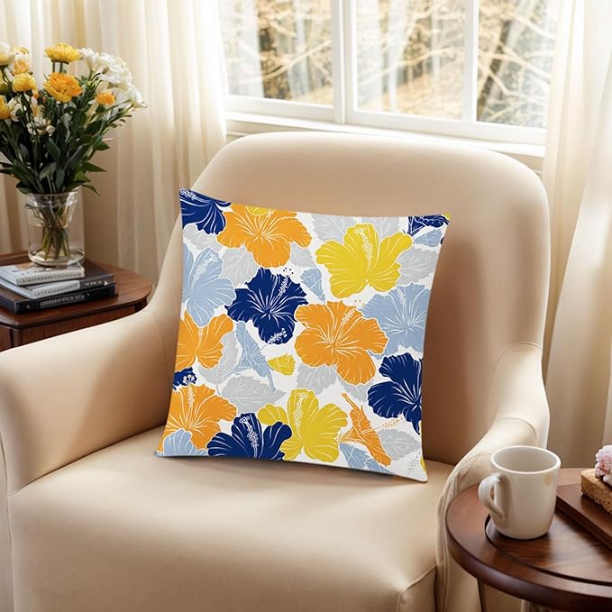Yellow Blue Throw Pillow Covers 20x20 Set of 6, Daisy Dahlia Flower Pillow Cover, Decorative Square Cushion Cover, Farmhouse Pillowcase for Sofa Bedroom Living Room Farmhouse Home Decor