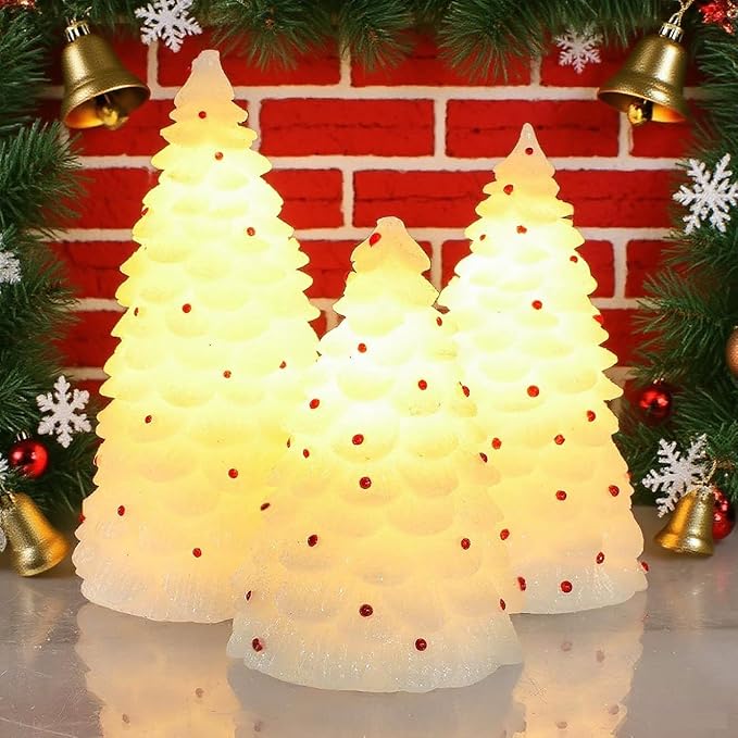 White Christmas Trees Figurine with Light Battery Operated with Remote Lighted Christmas Tree Tabletop Decor Real Wax White Small Xmas Tree with Red Berry Christmas Decoration for Home Party Gifts