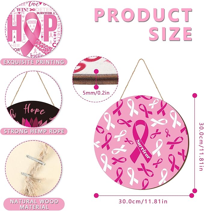3 Pcs Breast Cancer Awareness Decoration Pink Ribbon Front Door Decor Signs Faith Hope Love Wooden Wreath Breast Cancer Awareness Door Hanger for Farmhouse Home Office Decor