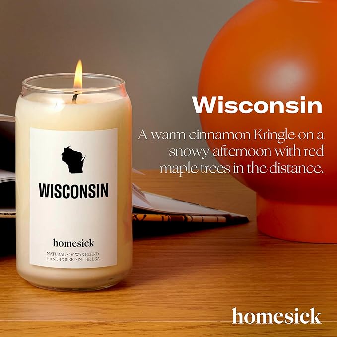 Homesick Scented Candles for Home (Wisconsin) - 13.75 oz Long-Lasting Soy Wax Jar Candle for Women & Men for All Occasions, 60-80 Hours Burn Time - Notes of Butter, Maple & Cranberry