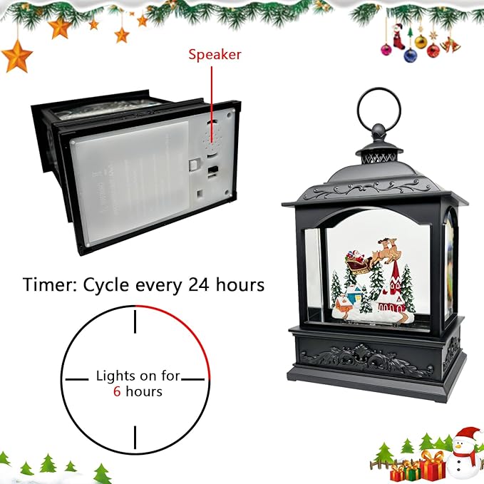 Christmas Snow Globes Lantern with Music & Timer - USB/Battery Operated LED Glittering Globe Lantern, Snow Globe Decoration for Home Holiday Decor (Reindeer)