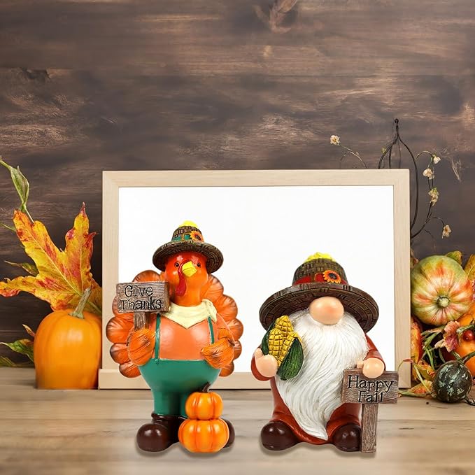 Thanksgiving Gnome Figurine 2 PCS Fall Harvest Turkey Decoration Autumn Tabletop Give Thanks Decor Indoor Holiday Collectible Statue for Women Men Kids