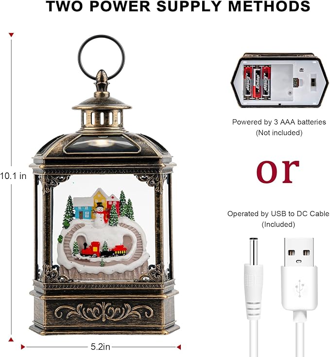 Christmas Village Snow Globe Lantern Musical Lighted Mountain Village Snowman & Train Water Lantern in Swirling Glitter, Christmas Home Decoration and Gift, Battery Operated or USB Powered