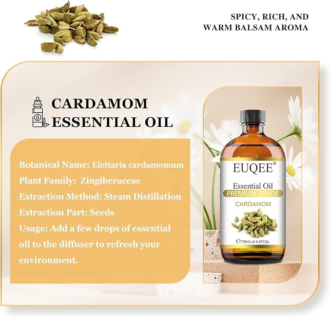 EUQEE Cardamon Essential Oil 118 ml Large Bottle Premium Cardamon Oil with Glass Dropper, Great for Diffusers, Candle & Soap Making-4oz
