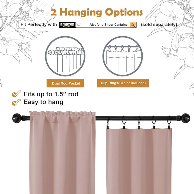 Aiyufeng Blush Short Blackout Curtains for Bedroom 45 Inches Long 2 Panels Set, Solid Thermal Insulated, Energy Saving Window Treatment Curtains Blackout Drapes, W40 x L45 Inch, Blush