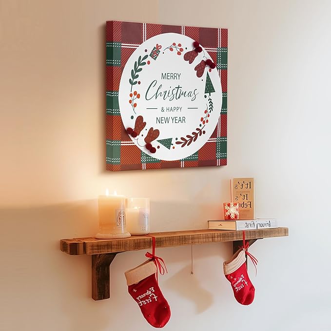 ArtbyHannah Christmas Canvas Wall Art Decor, 3D Textured & Holly Red Berry Wall Decor with Red & Green Plaid Prints for Home Kitchen Dining Party Bathroom Winter Holiday Xmas Decorations (16x16 inch)