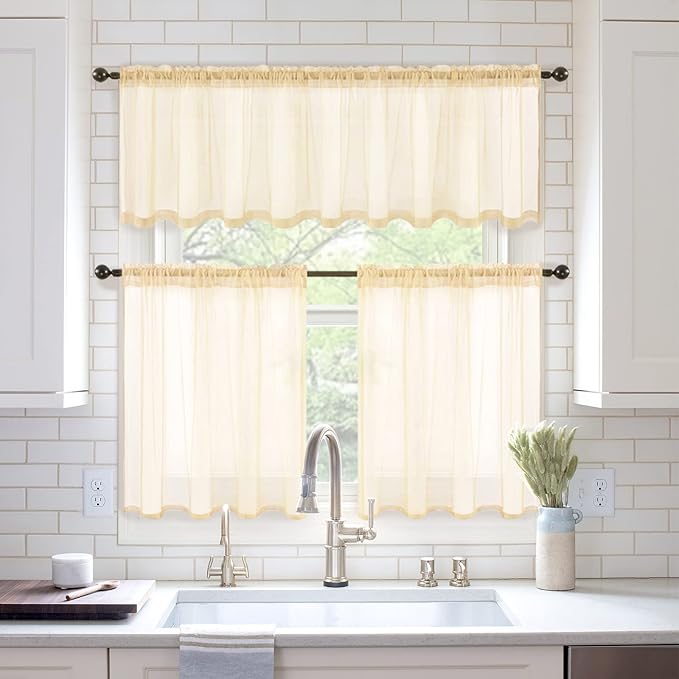 MIULEE 2 Panels Kitchen Tiers Half Window Sheer Curtains Rod Pocket Voile Drapes for Kitchen Bathroom Small Windows 29 by 24 Inch Cream Beige