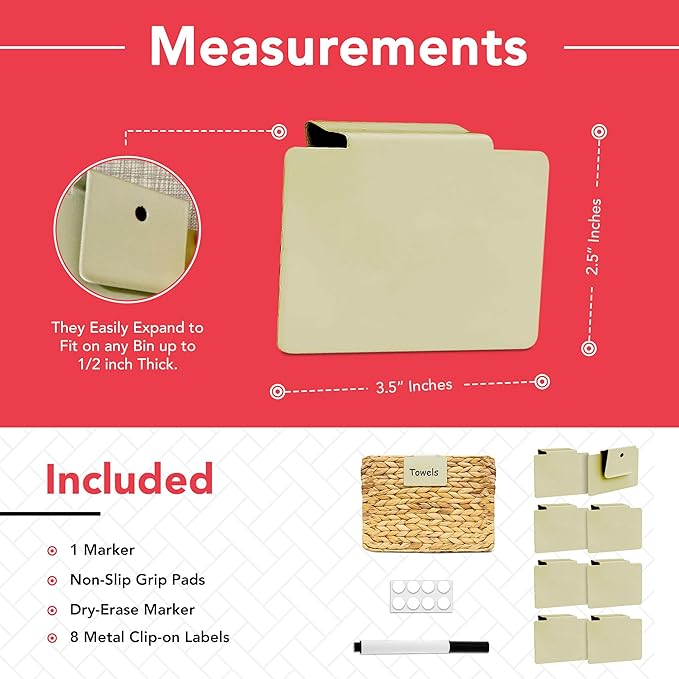 Labels for Storage Bins | Metal Storage Bin Clips (2.5โ x 3.5โ) - Set of 8 Basket Clip On Tags for Storage Bins w/Non-Slip Grip Pads & Dry Erase Marker - Removable Bin Labels for Storage Baskets