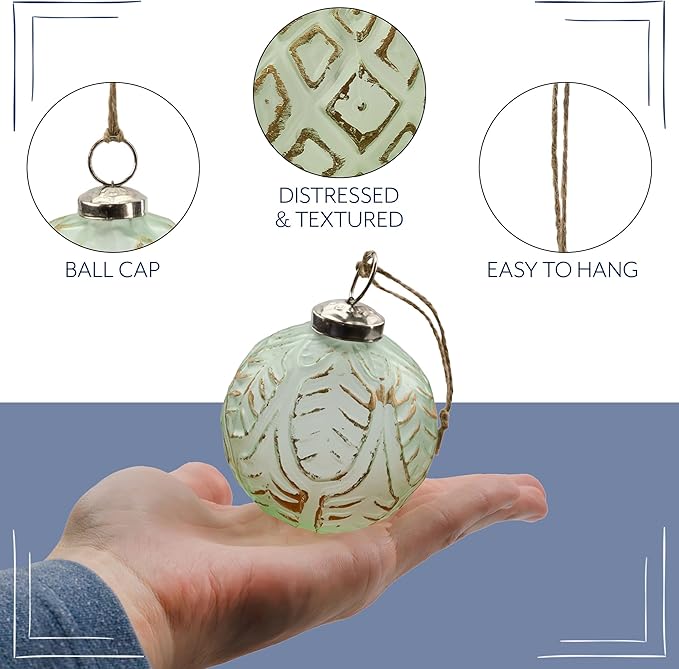 AuldHome Design Farmhouse Ball Ornaments (Set of 6, Soda Glass); Distressed Metal Glass Ball Vintage Style Christmas Decorations