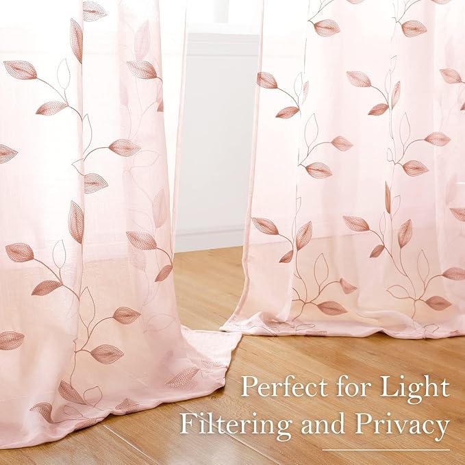 HOMEIDEAS Blush Pink Sheer Curtains 52 X 96 Inches Length 2 Panels Embroidered Leaf Pattern Pocket Faux Linen Floral Semi Sheer Voile Window Drapes for Bedroom Living Room