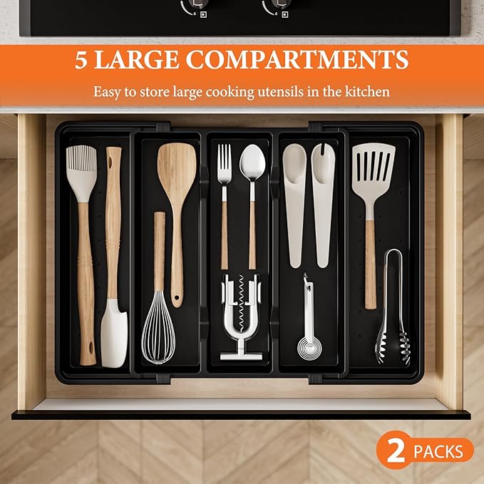 Silverware Organizer, Expandable Utensil Drawer Organizer for Kitchen Drawers, Kitchen Drawer Organizer for Spoons/Forks/Knives, Multipurpose & BPA Free Cutlery Tray, Black, 2 Pack