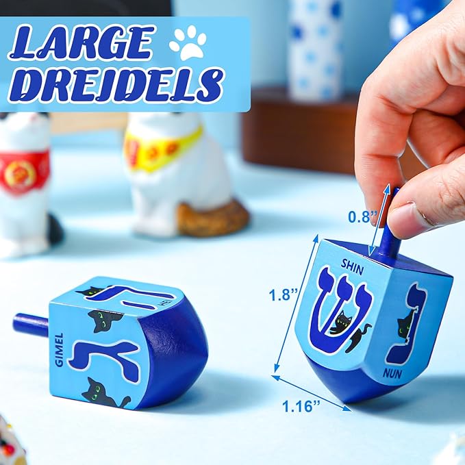 2 Pcs Hanukkah Dreidels Game Toy Extra Large Wooden Dreidel for Hanukkah Decoration with English Transliteration, Forever Spinning Tops Party Favors(Cat)