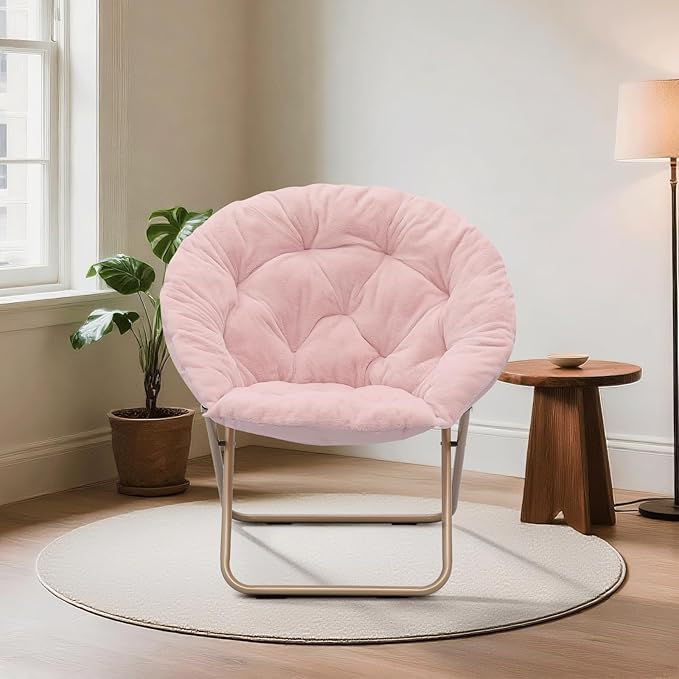Magshion Saucer Chair for Adults, Comfy Living Room Lounge Chair for Bedroom Corner, Dorm, Apartment, Faux Fur Fluffy Circle Accent Seat with Thick Padded & Folding Metal Frame (Pink)