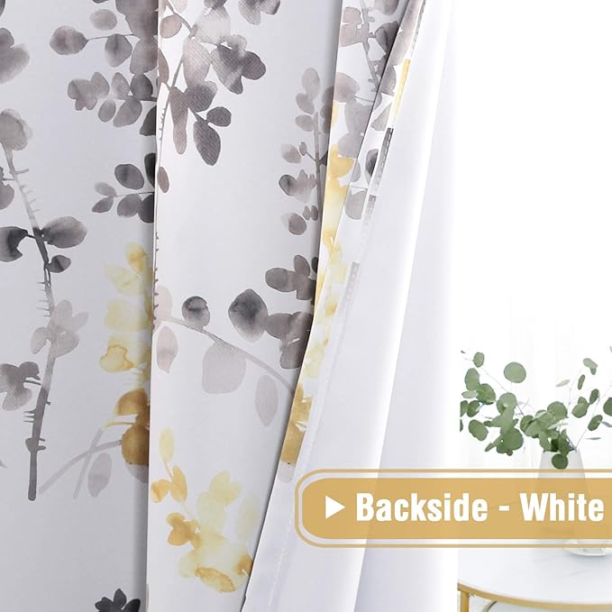 H.VERSAILTEX Floral Curtains 63 Inches Long Printed Pattern Room Darkening Curtains for Bedroom Rod Pocket Window Treatment Curtains, 2 Panels, Classical Floral Grey and Yellow