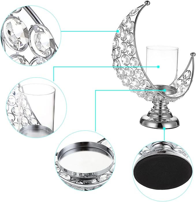 OwnMy Set of 2 Silver Moon Shaped Crystal Pillar Candle Holders Tealight Holders with Glass Covers, Metal Crystal Moon Pillar Candle Stands Votive Candlesticks Candle Lamps for Table Centerpieces
