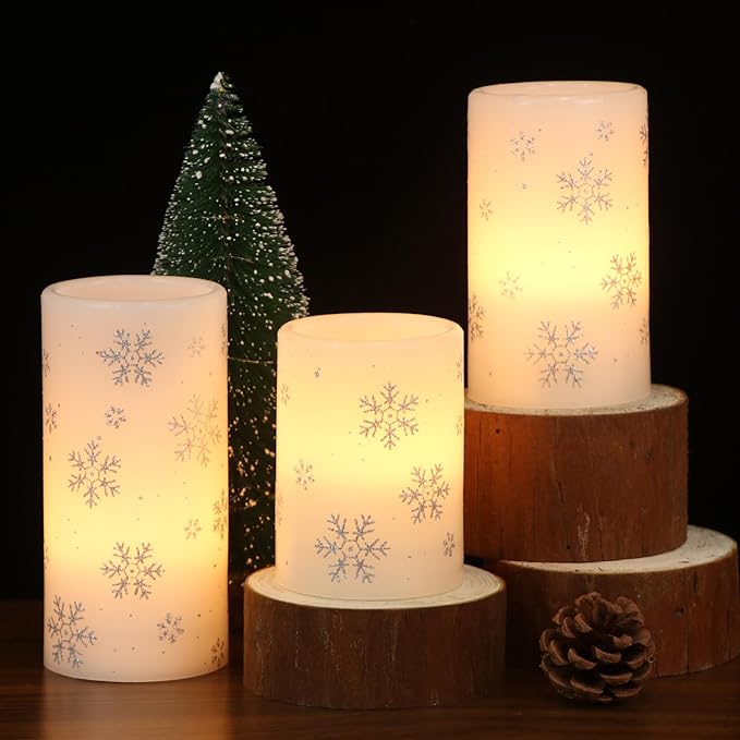 DRomance Silver Snowflake Flameless Flickering Candles Battery Operated with 6H Timer, 3 Pack Real Wax Warm Light LED Pillar Candles Dinner Tabletop Holiday Centerpiece Decor 3" x 6"