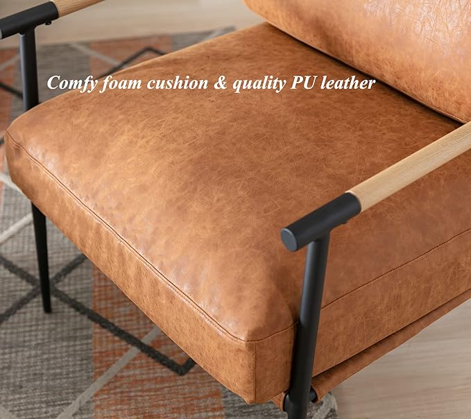 DUOMAY Mid-Century Modern Accent Chair Armchair Set of 2, Soft PU Leather Sofa Lounge Chair Reading Chair with Metal Leg for Living Room Bedroom Office, Brown