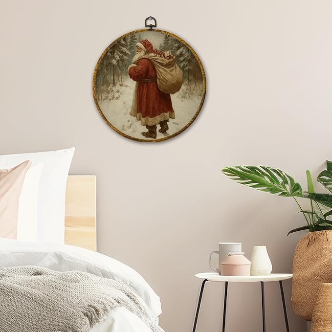 QZQE Vintage Santa Christmas Round Wall Art Decor Framed, Retro Christmas Circle Canvas Prints, Rustic Winter Snowy Xmas Santa Circular Wall Hanging Decor for Home Bedroom Living Room, 10x10 Inch