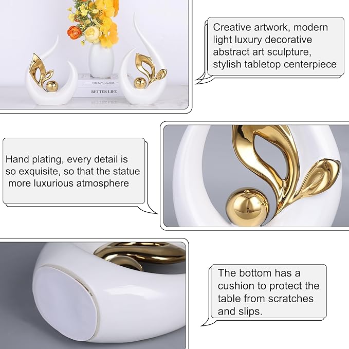 13" H White Gold Abstract Sculptures Home Decor, Ceramic Art Statue Cool Stuff to Put on Shelves&tv Stand Decor, Gold Accent Entertainment Center, for Fireplace Coffee Table Dining Table Decorate