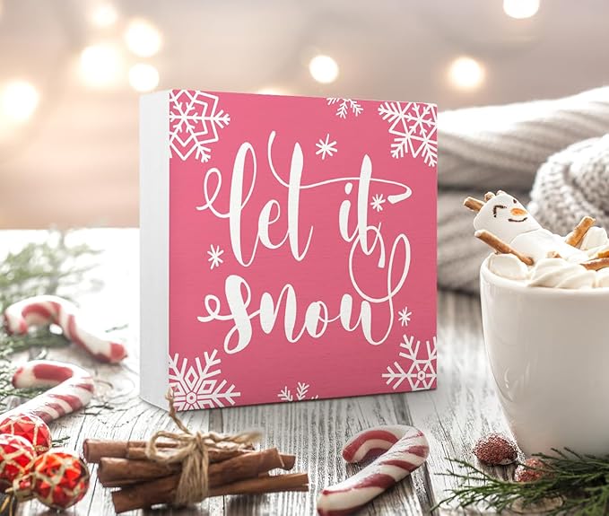 EIONEY Pink Christmas Decorations,Let it Sonw Wooden Box Sign,Pink Winter Christmas Desk Accessories Decor,Seasonal Winter Holiday for Home Bedroom Living Room Office,5x5 Inch
