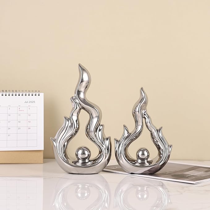 2 Pcs Silver Ceramic Sculptures for Home Decor, Modern Abstract Art Statues, Centerpieces for Dining Room Table, Living Room, Shelf, Mantel, Coffee Table, Entryway Accent Decorations