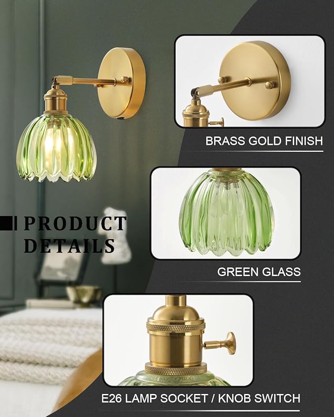 Plug in and Hardwired Wall Sconces, Luxury Vintage Tulip Crystal Glass Shade Wall Light with Switch for Bedside Bedroom Living Room (Tulip-Green, 1)