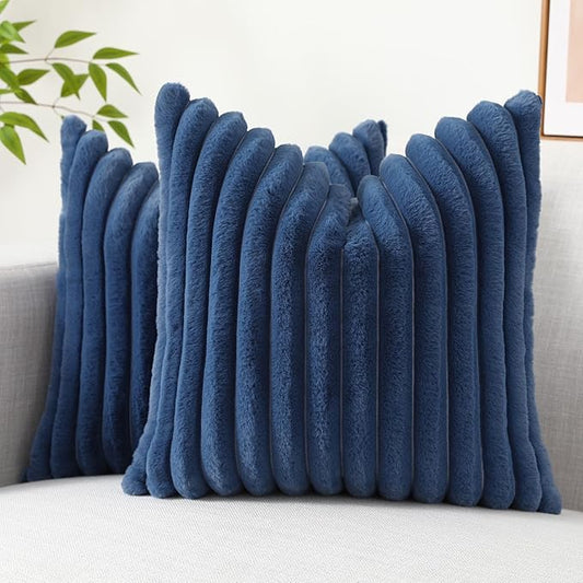 decorUhome Faux Fur Throw Pillow Covers 24x24 Set of 2, Decorative Soft Plush Striped Neutral Couch Euro Pillow Covers with Velvet Back for Sofa, Bed, Living Room Home Decor, Blue