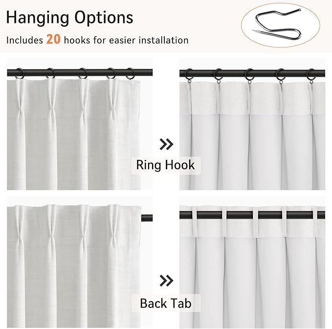 100% Blackout Shield Linen Look Textured Pinch Pleated Curtains Blackout Drapes 108 Inch Long 2 Panels Set, Faux Linen Blackout Curtains for Bedroom & Living Room, 40" W x 108" L, Bright White